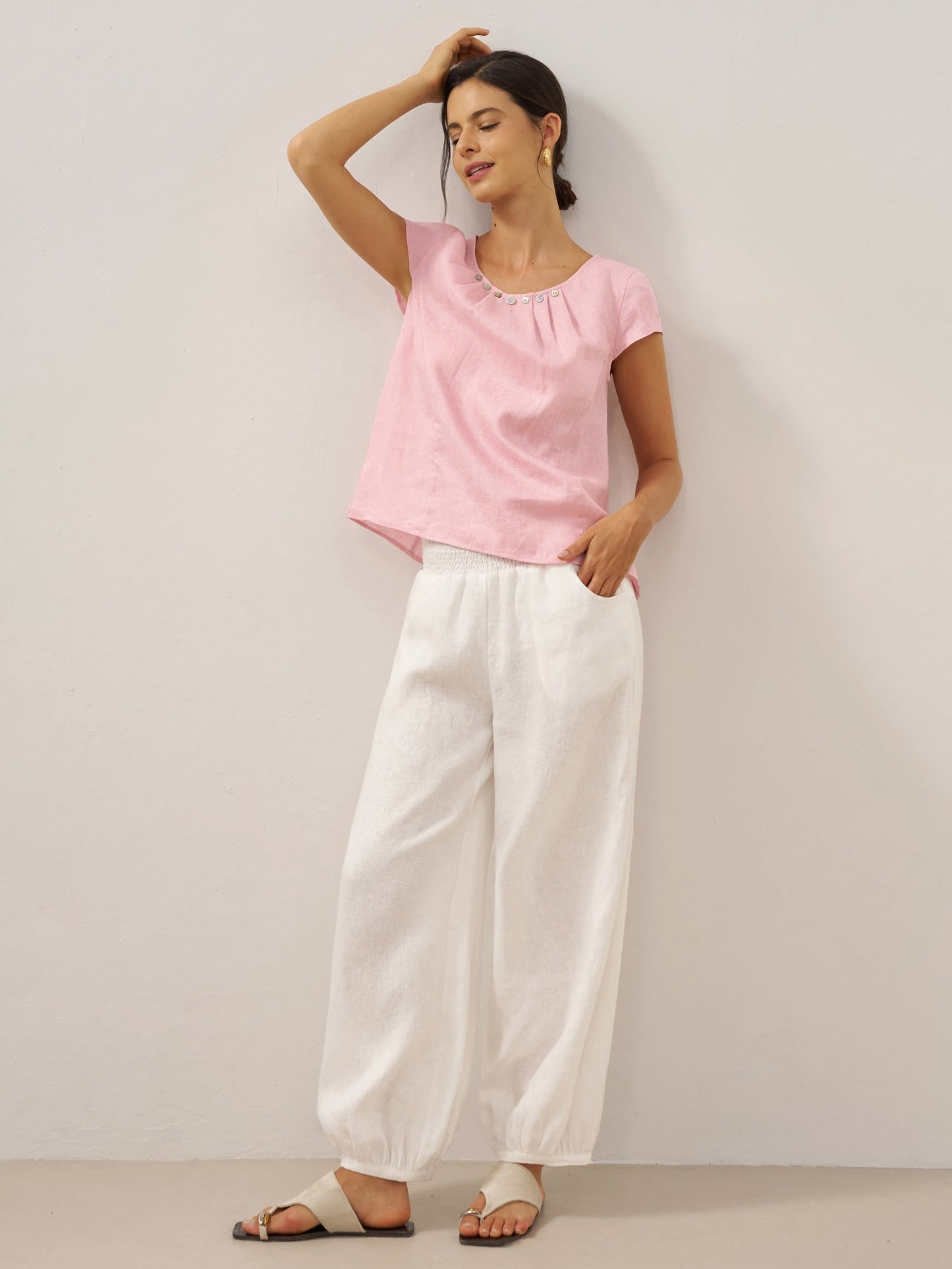 Presley | Women’s Linen Broad Elastic Waistband Pants