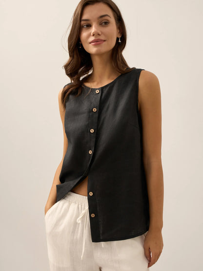 Delia | Women’s Linen Button-Down Sleeveless Blouse