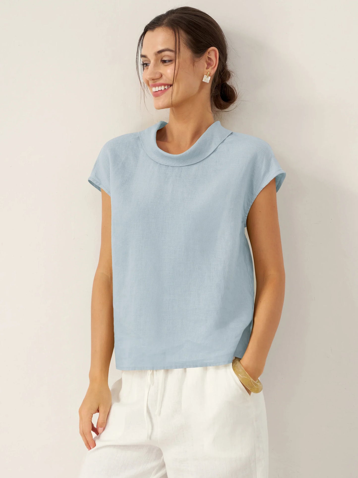 Payton | Women’s Linen Cap Sleeve Soft-Fold Collar Top
