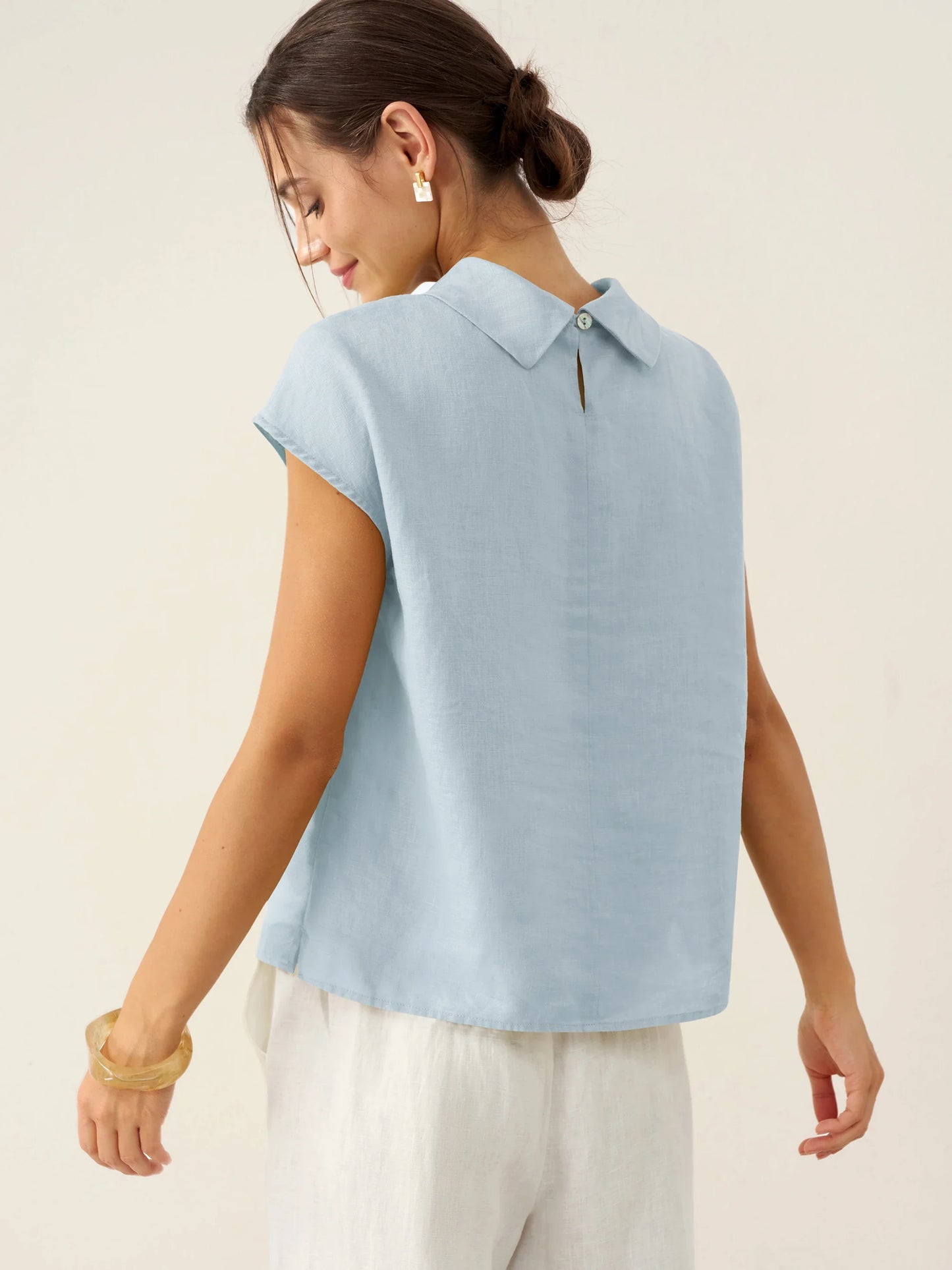 Payton | Women’s Linen Cap Sleeve Soft-Fold Collar Top