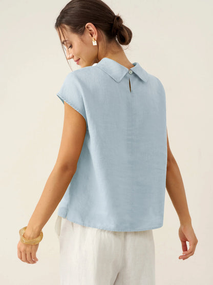 Payton | Women’s Linen Cap Sleeve Soft-Fold Collar Top