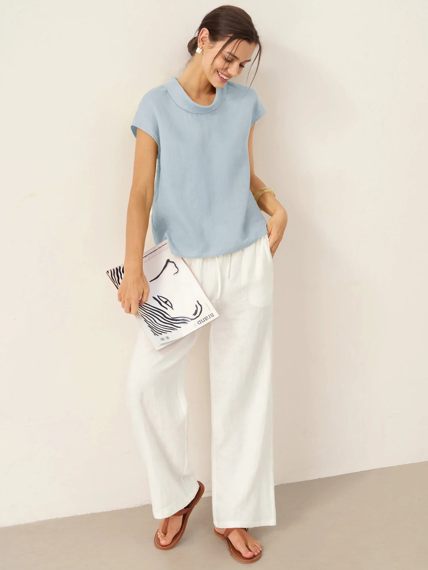 Payton | Women’s Linen Cap Sleeve Soft-Fold Collar Top