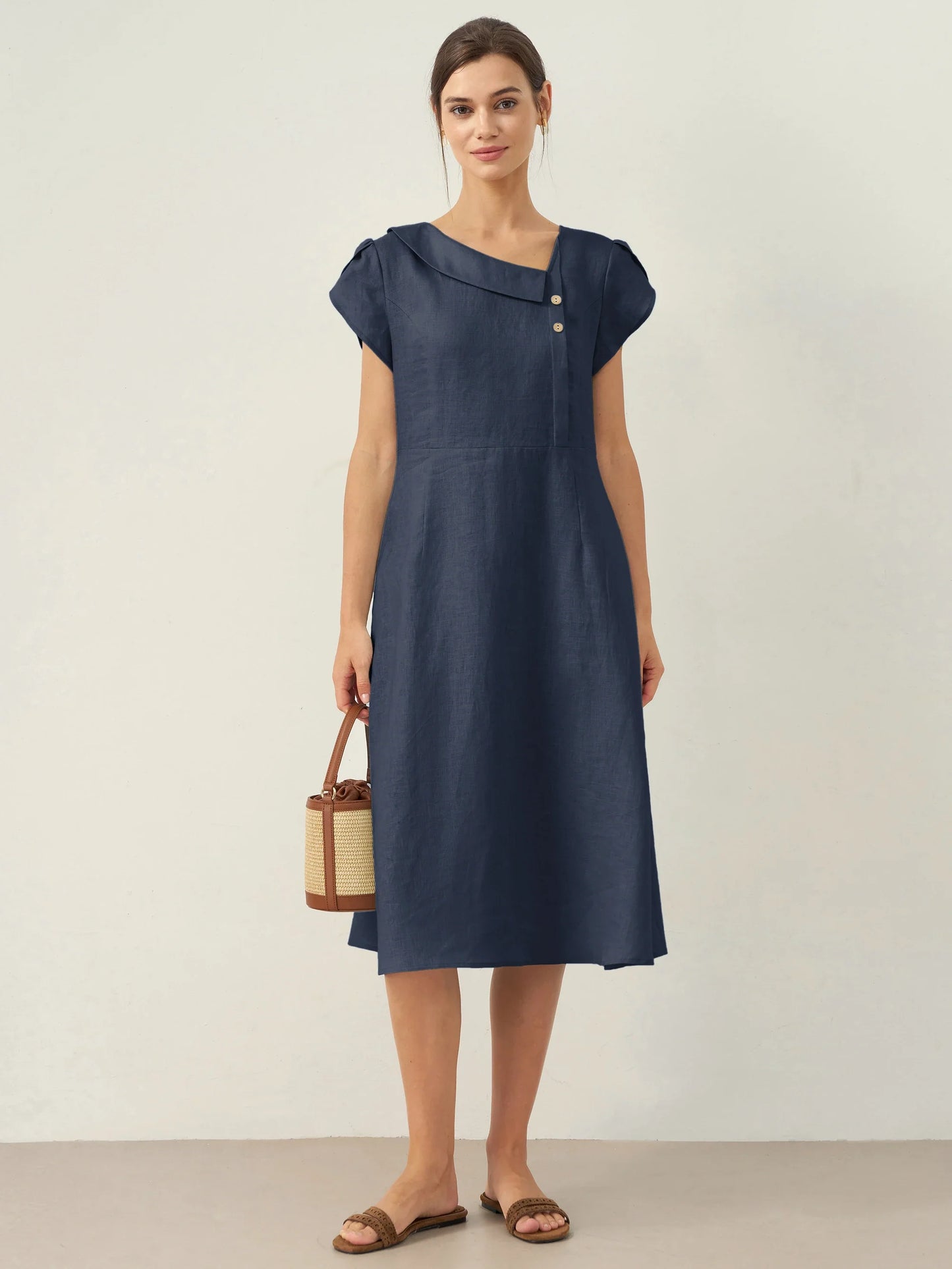 Hadley | Women’s Linen Crescent Collar Flutter Sleeve Midi Dress
