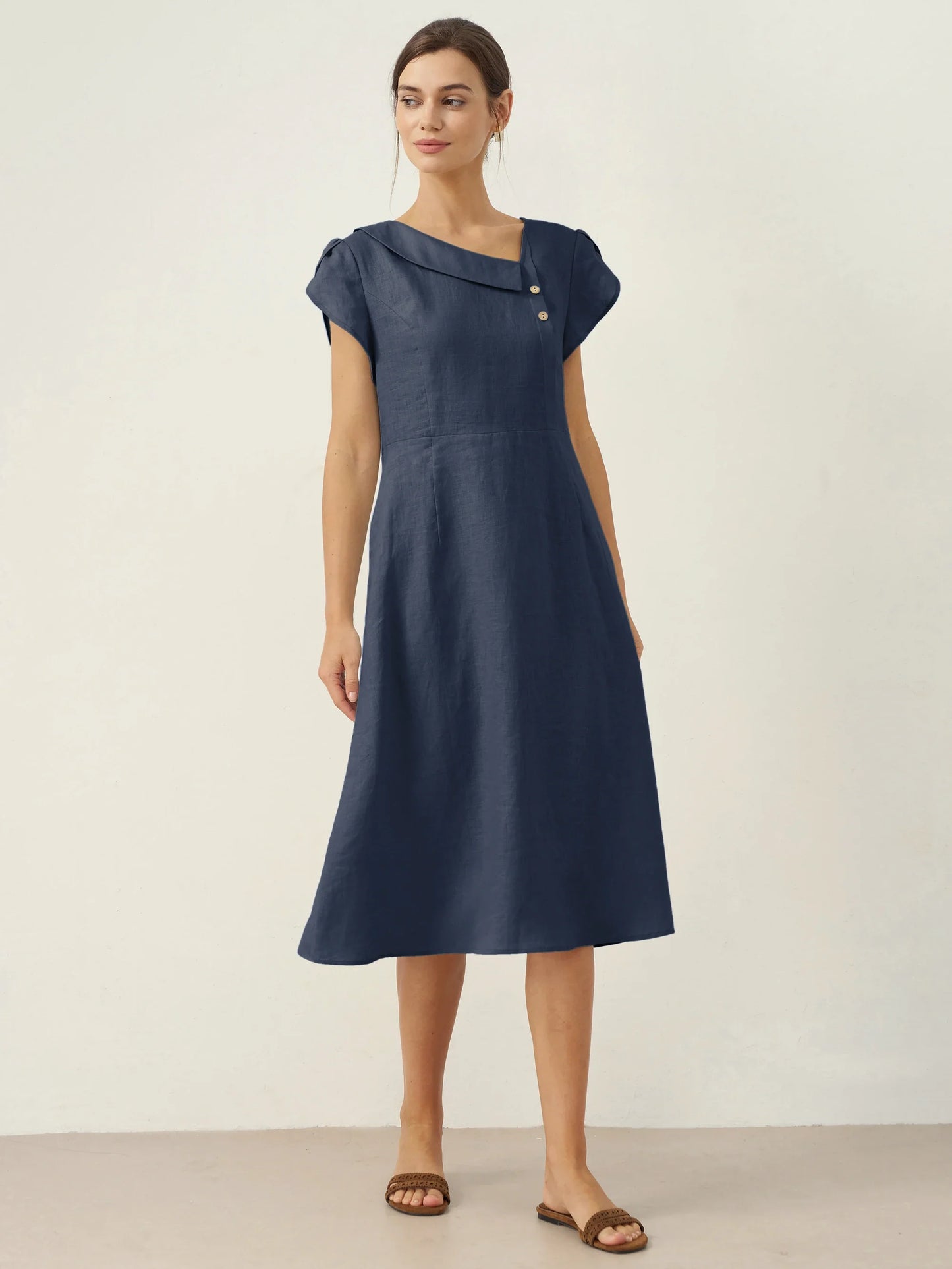 Hadley | Women’s Linen Crescent Collar Flutter Sleeve Midi Dress