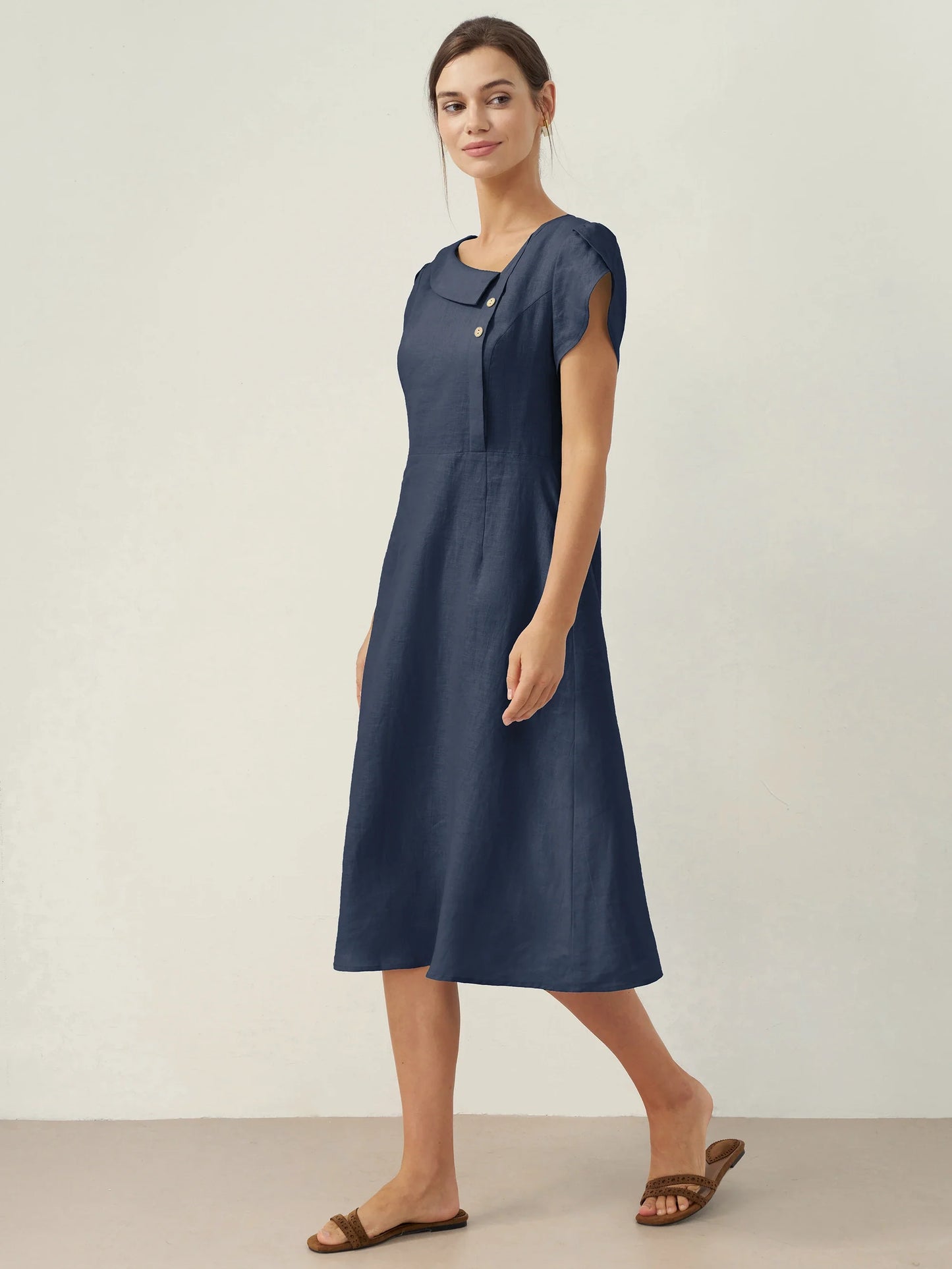 Hadley | Women’s Linen Crescent Collar Flutter Sleeve Midi Dress