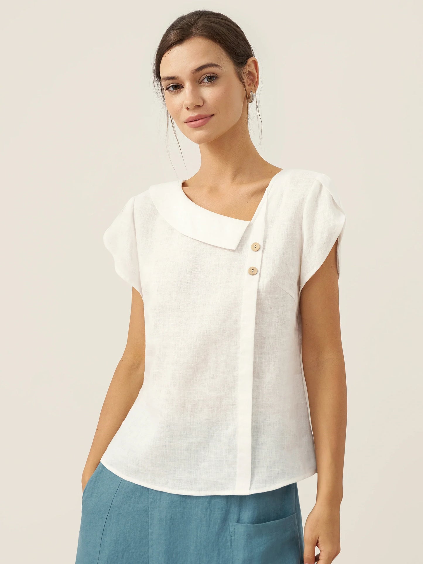 Alaina | Women’s Linen Crescent Collar Flutter Sleeve Top