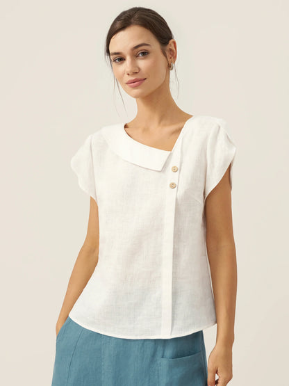 Alaina | Women’s Linen Crescent Collar Flutter Sleeve Top