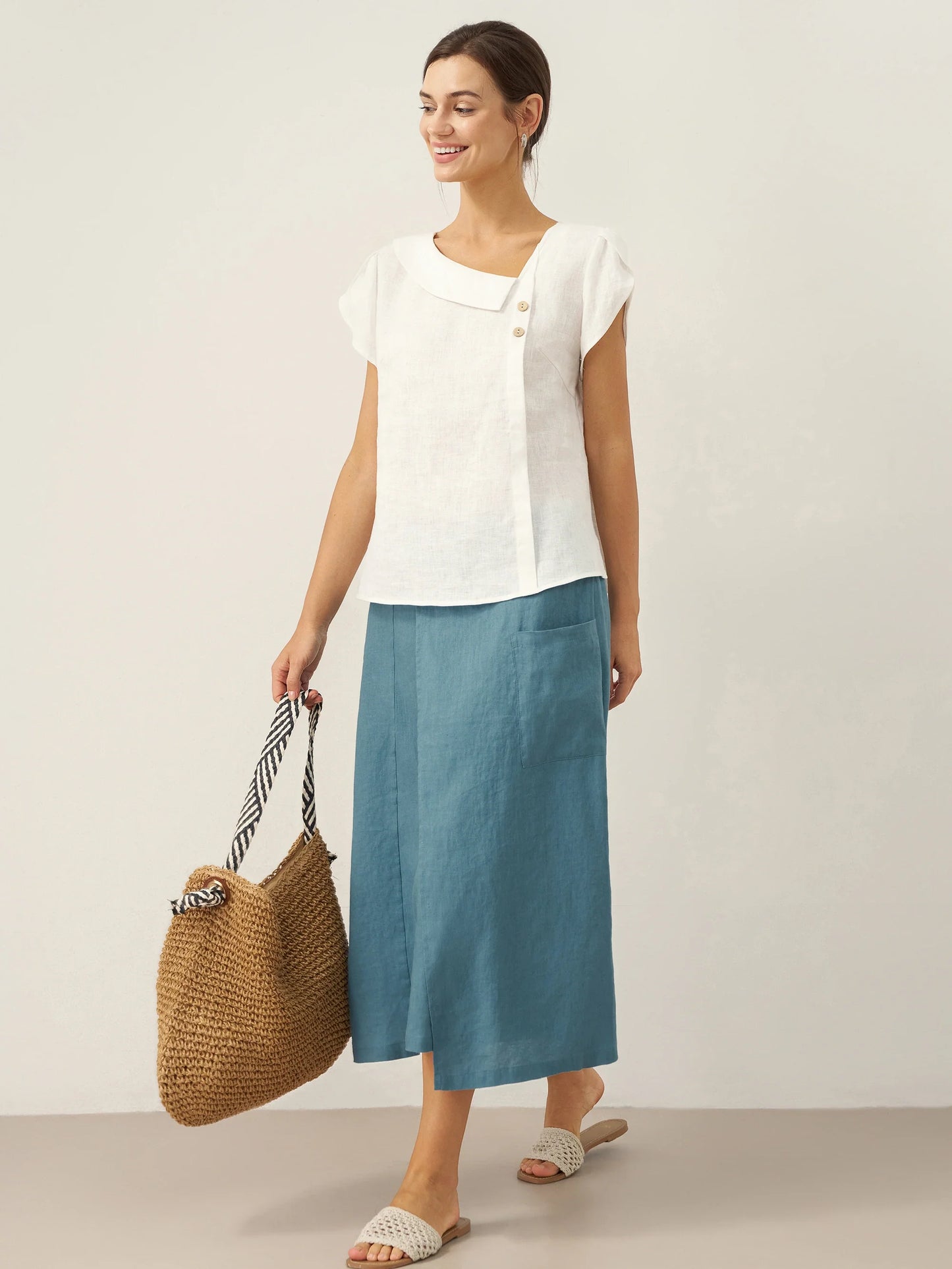 Alaina | Women’s Linen Crescent Collar Flutter Sleeve Top