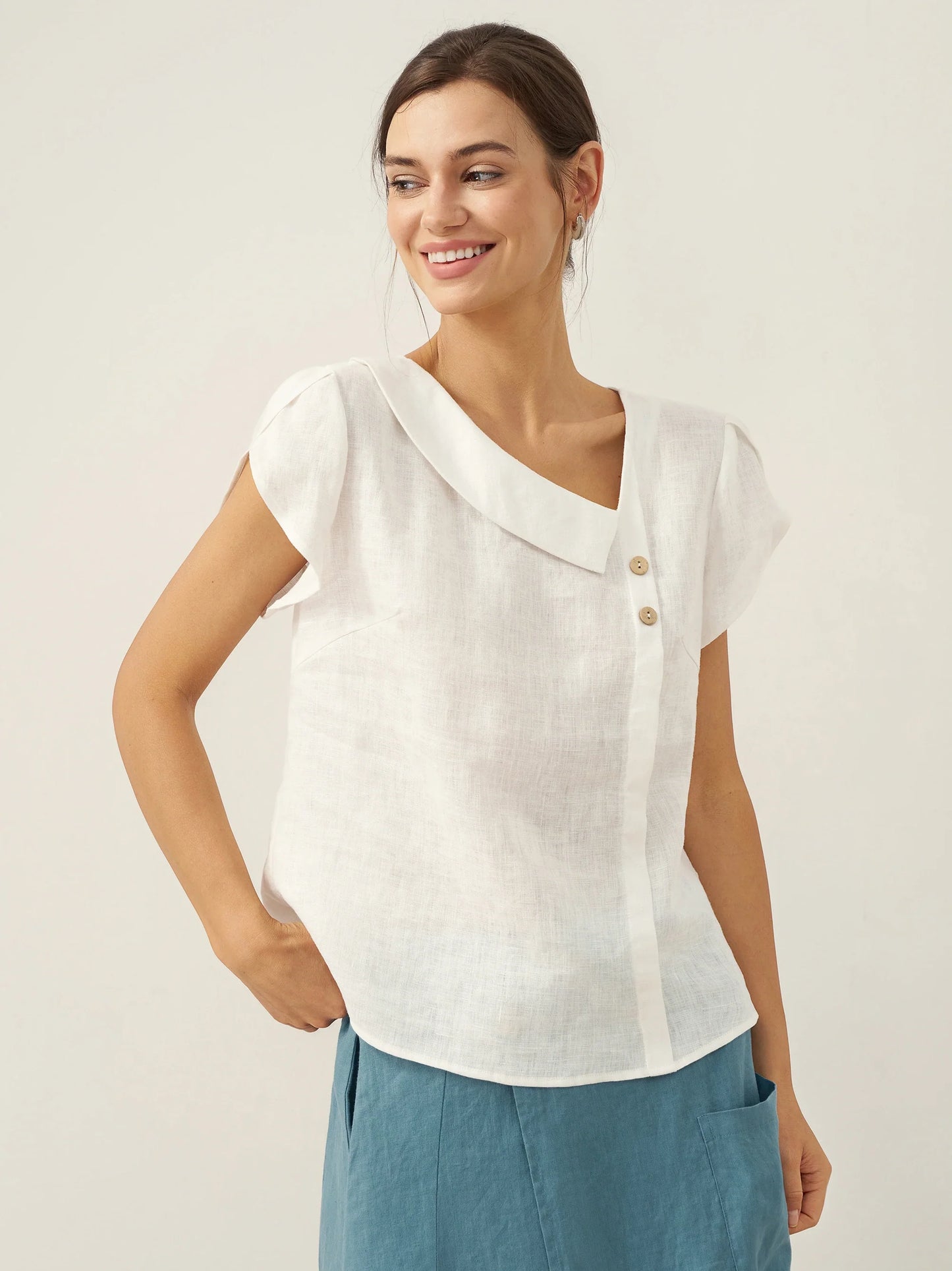 Alaina | Women’s Linen Crescent Collar Flutter Sleeve Top