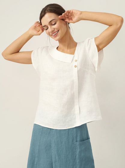 Alaina | Women’s Linen Crescent Collar Flutter Sleeve Top