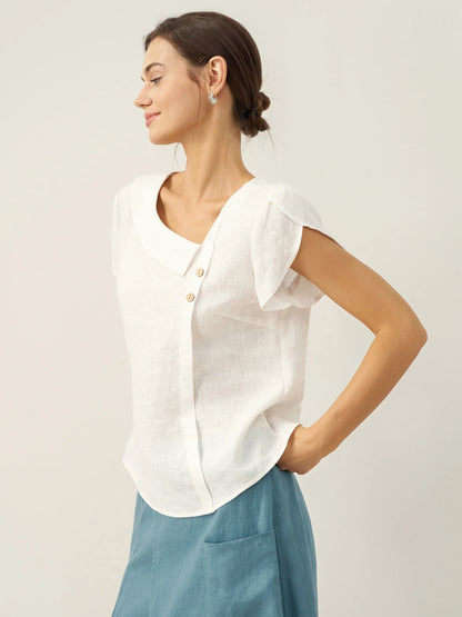 Alaina | Women’s Linen Crescent Collar Flutter Sleeve Top