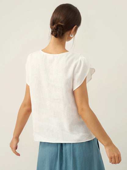 Alaina | Women’s Linen Crescent Collar Flutter Sleeve Top