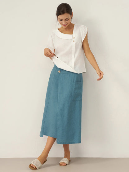 Alaina | Women’s Linen Crescent Collar Flutter Sleeve Top