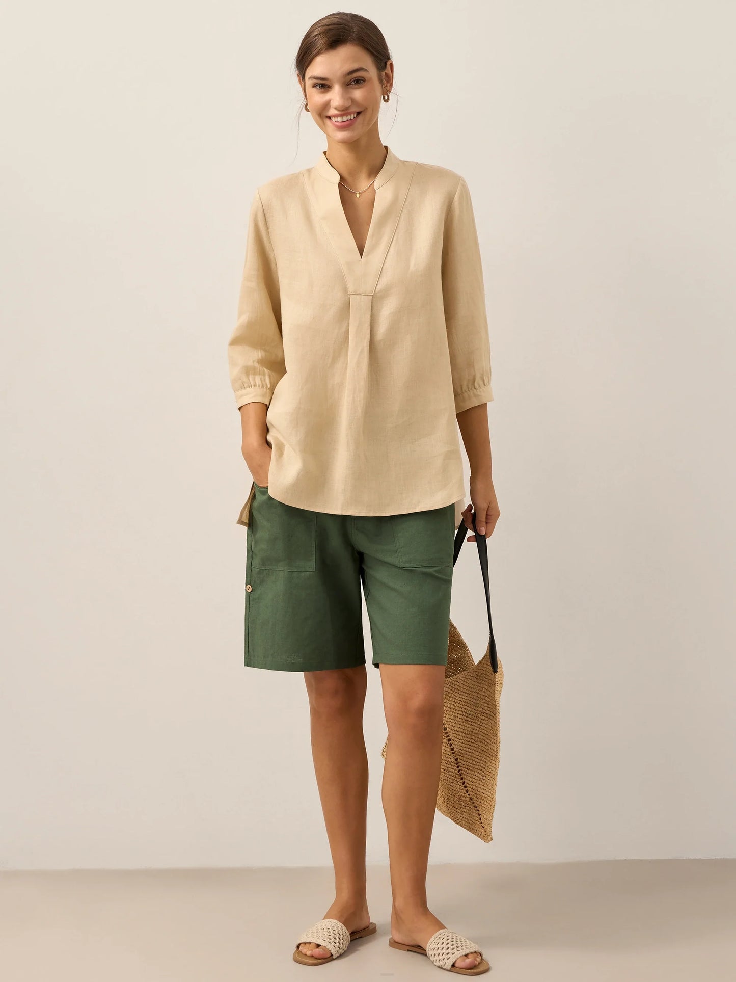 Miranda | Women’s Linen Split V-Neck Dress Blouse