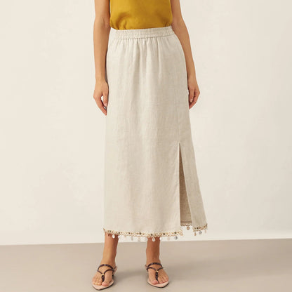 Kaitlyn | Women’s Linen Elastic Waist Beaded Slit Midi Skirt