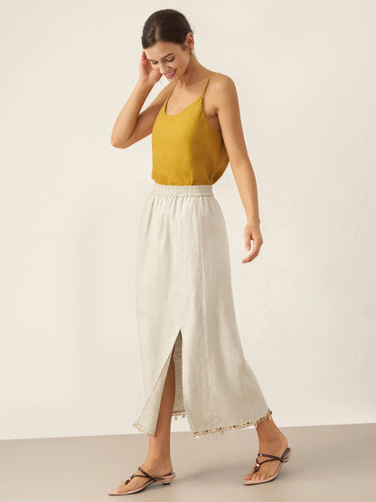 Kaitlyn | Women’s Linen Elastic Waist Beaded Slit Midi Skirt