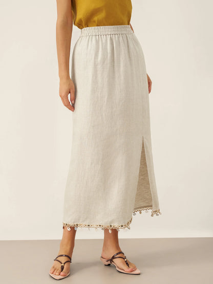 Kaitlyn | Women’s Linen Elastic Waist Beaded Slit Midi Skirt