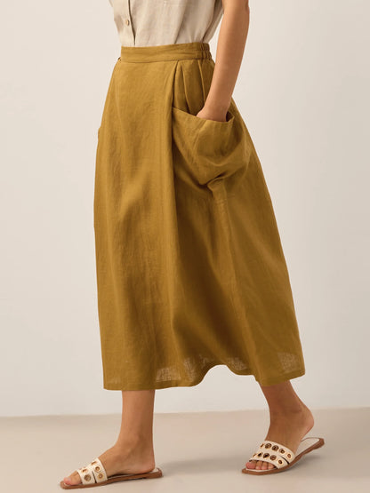 Parker | Women’s Linen Checked Elastic Waist Midi Skirt