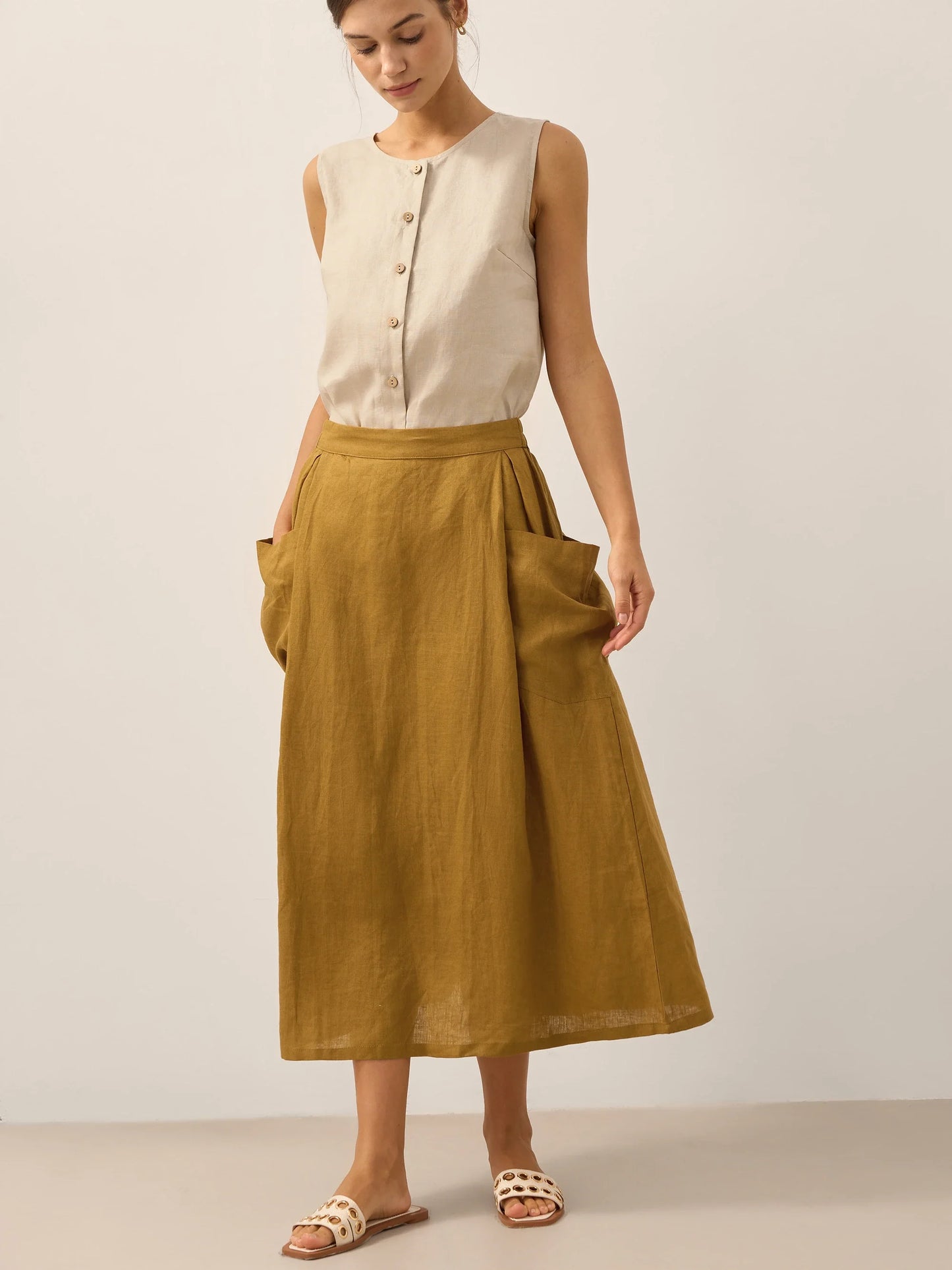 Parker | Women’s Linen Checked Elastic Waist Midi Skirt