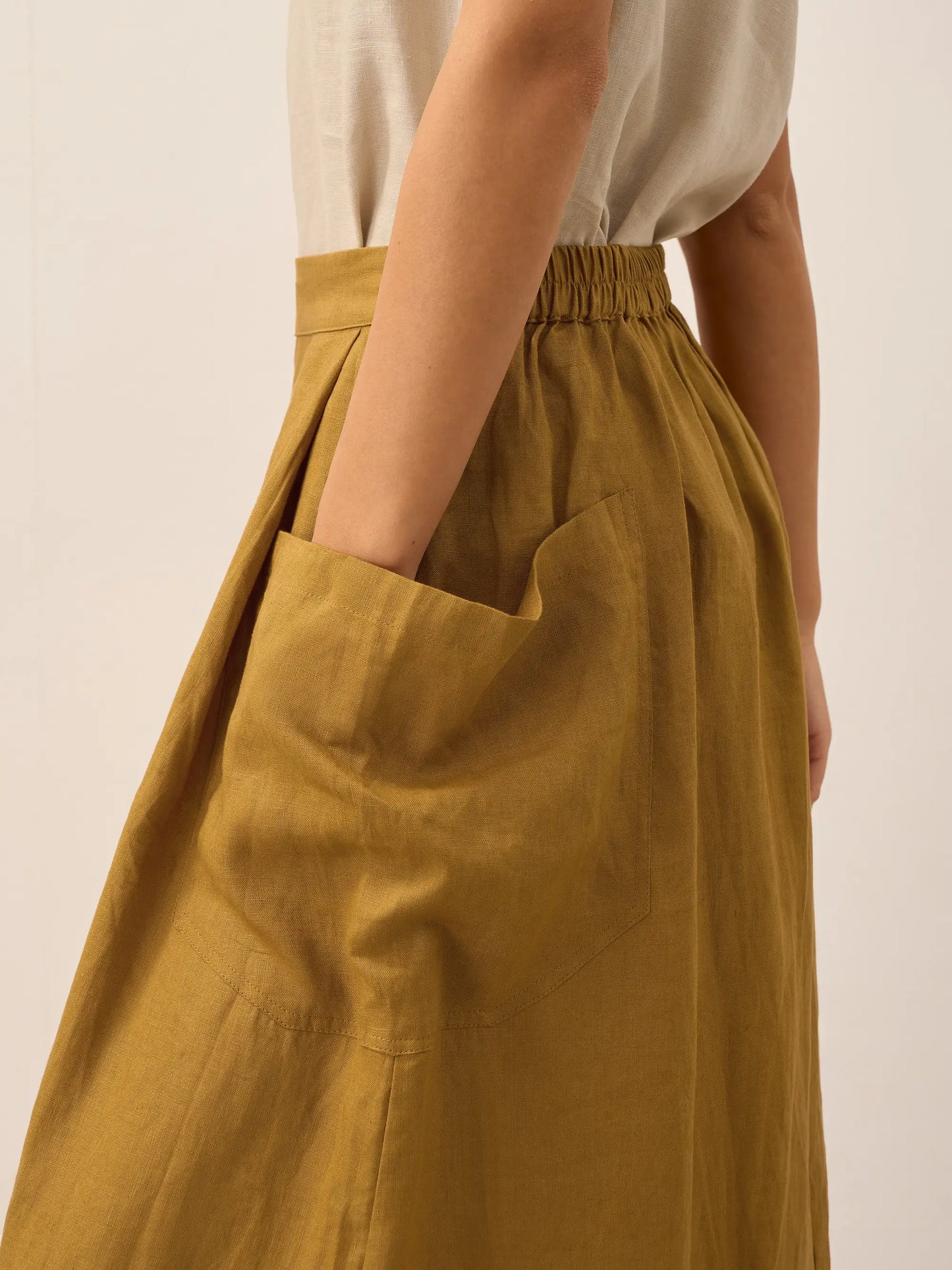 Parker | Women’s Linen Checked Elastic Waist Midi Skirt