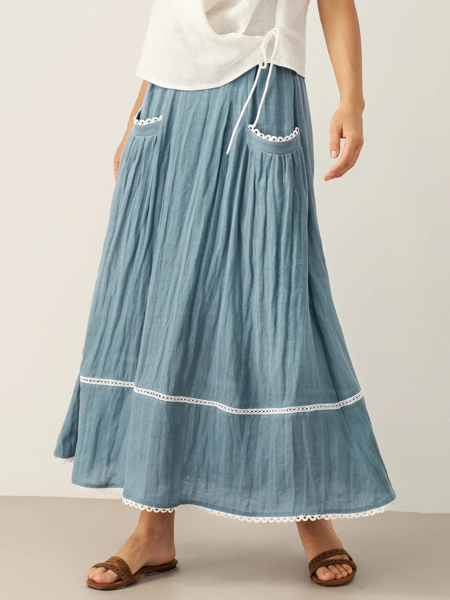 Marisol | Women’s Linen Lace-Up Pocket Maxi Skirt