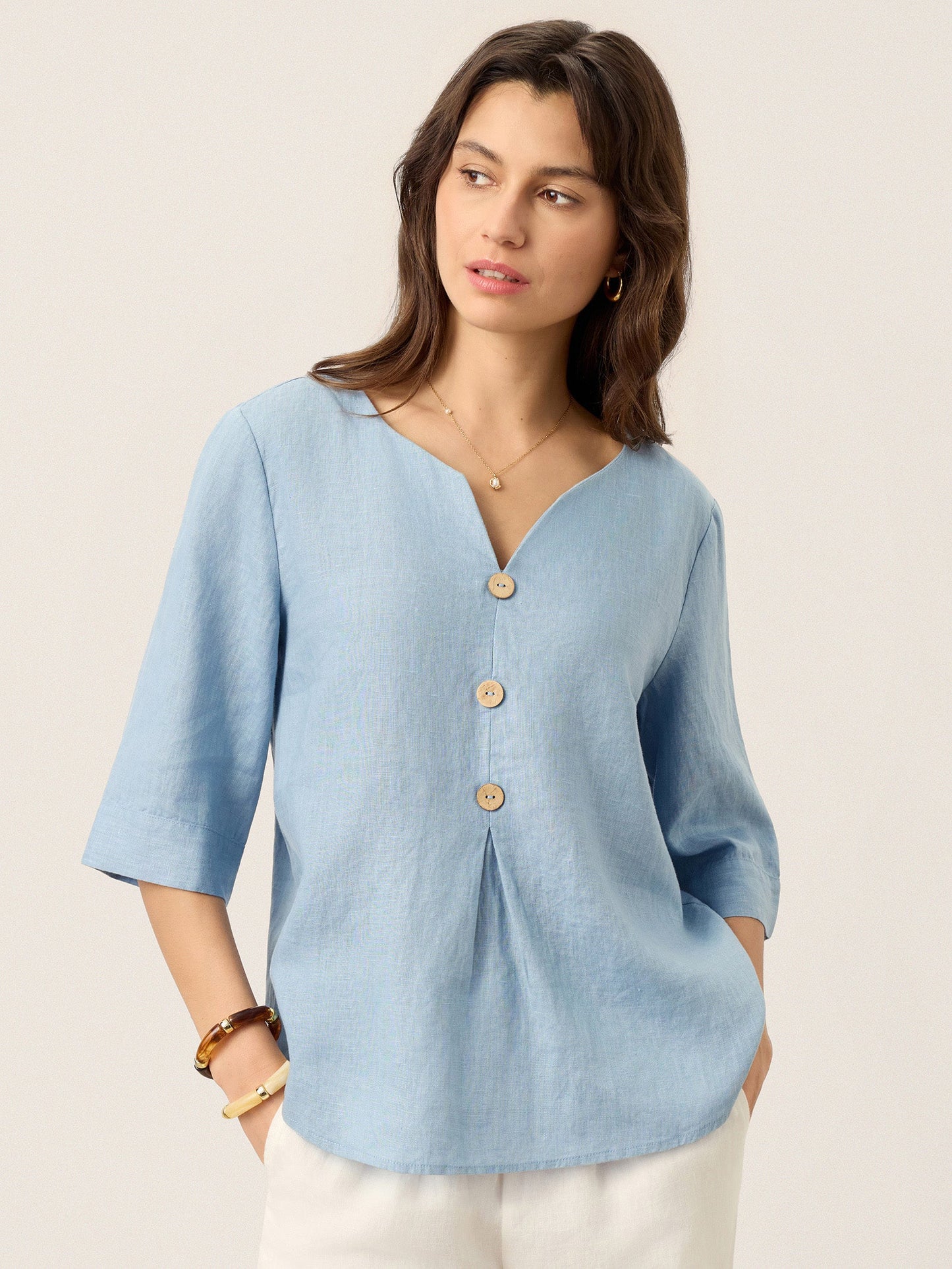Skylar | Women’s Linen Split Neck Inverted Pleat Blouse
