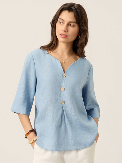 Skylar | Women’s Linen Split Neck Inverted Pleat Blouse