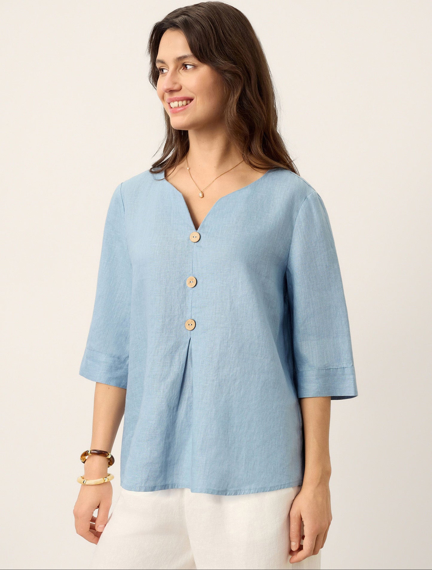 Skylar | Women’s Linen Split Neck Inverted Pleat Blouse