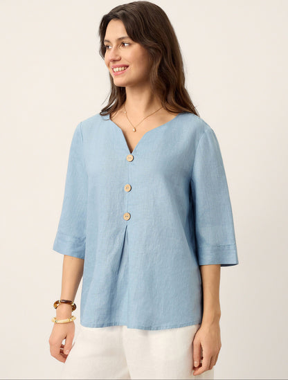 Skylar | Women’s Linen Split Neck Inverted Pleat Blouse