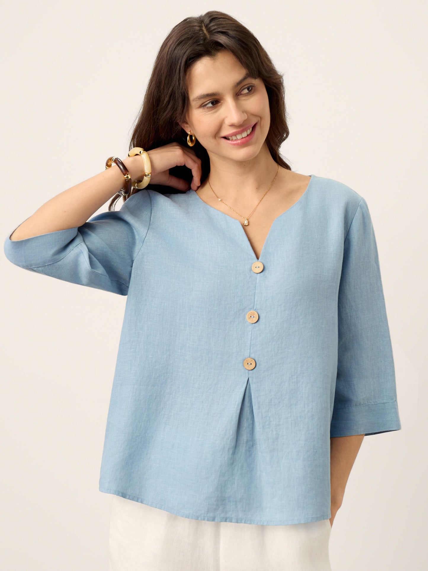 Skylar | Women’s Linen Split Neck Inverted Pleat Blouse