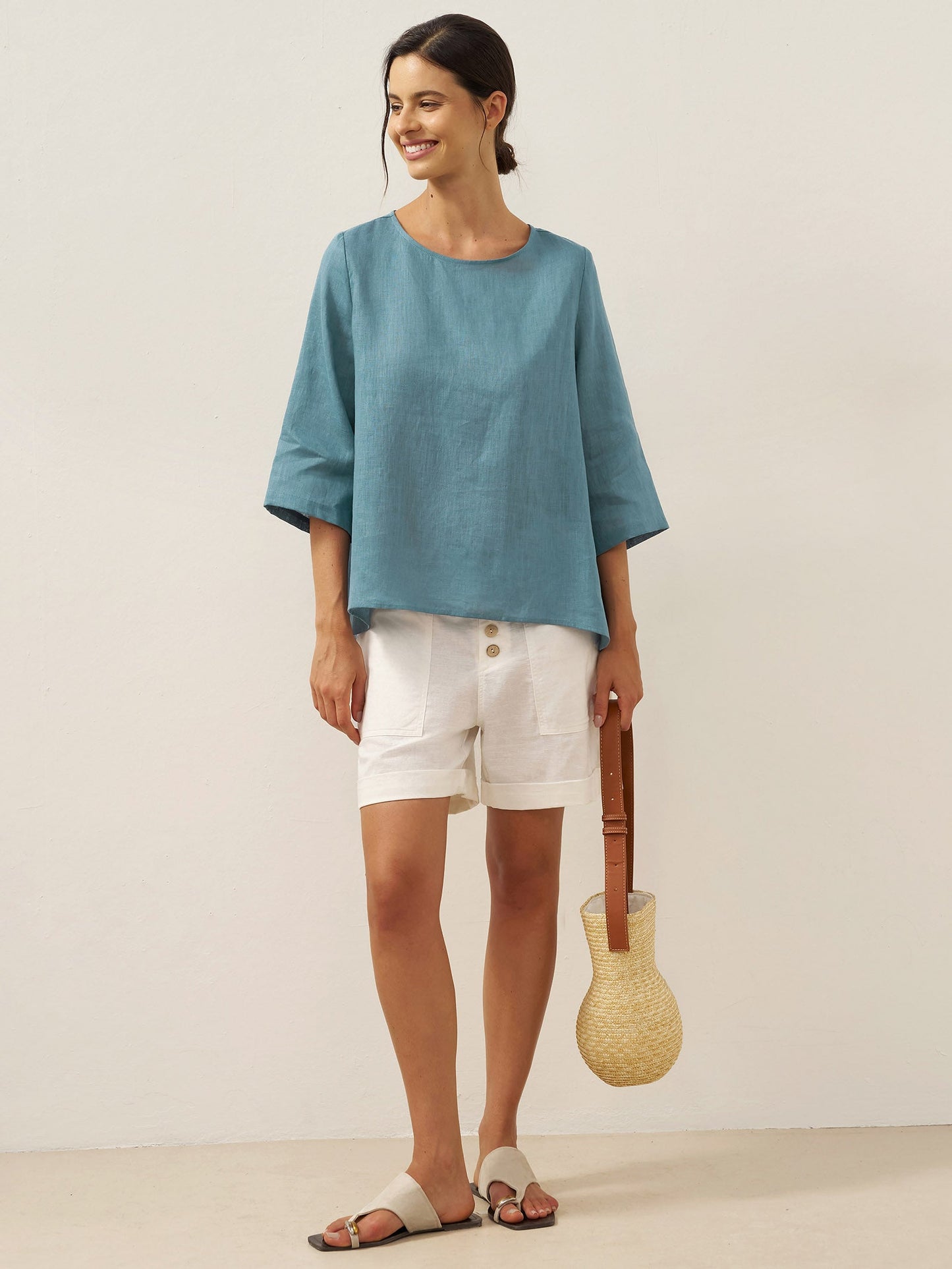Moira | Women’s Linen Round Neck Asymmetrical Hem Blouse