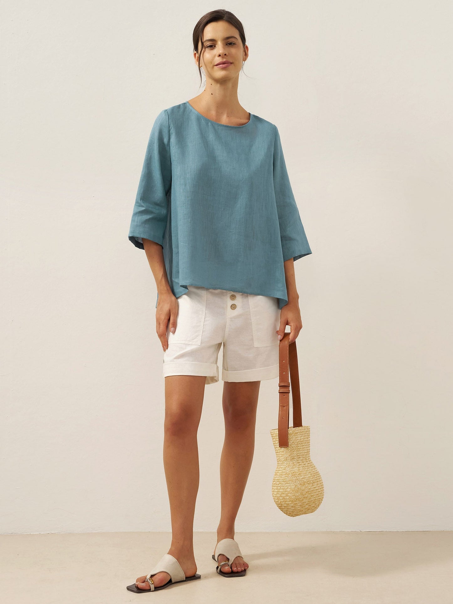 Moira | Women’s Linen Round Neck Asymmetrical Hem Blouse