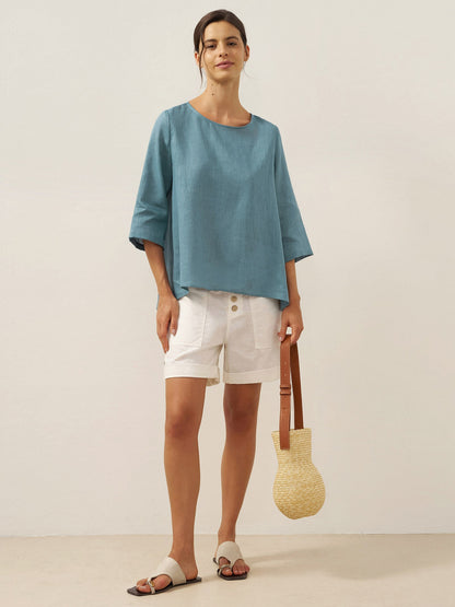 Moira | Women’s Linen Round Neck Asymmetrical Hem Blouse