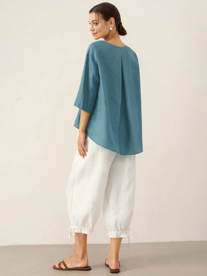 Hollis | Women’s Linen Round Neck Asymmetrical Hem Blouse
