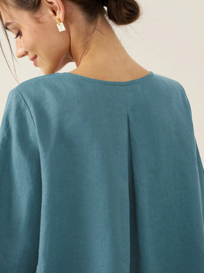 Hollis | Women’s Linen Round Neck Asymmetrical Hem Blouse