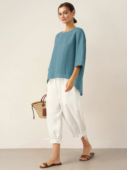 Hollis | Women’s Linen Round Neck Asymmetrical Hem Blouse