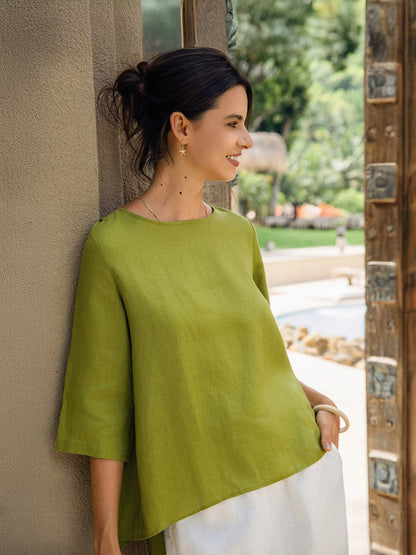Moira | Women’s Linen Round Neck Asymmetrical Hem Blouse