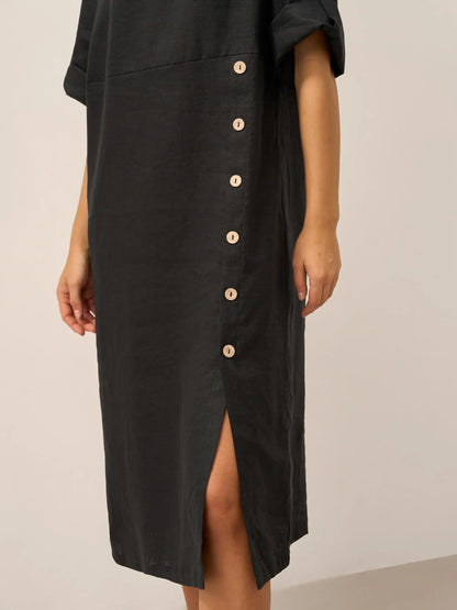 Delaney | Women’s Linen Round Neck Button Detail Midi Dress