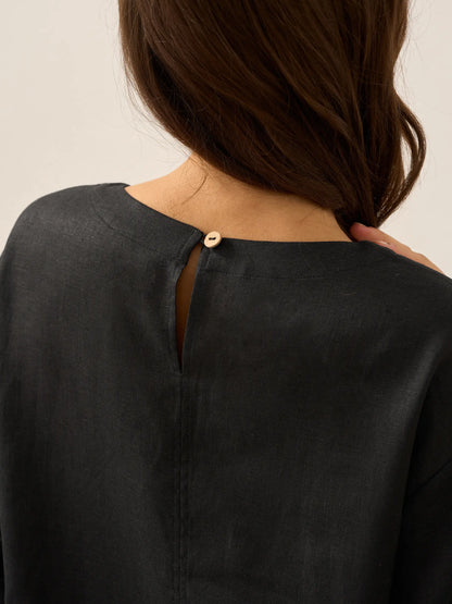 Delaney | Women’s Linen Round Neck Button Detail Midi Dress