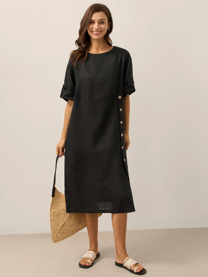 Delaney | Women’s Linen Round Neck Button Detail Midi Dress