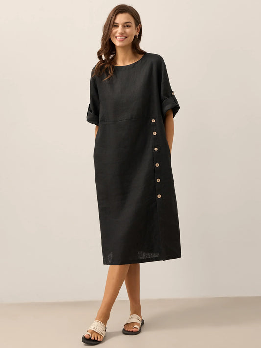 Delaney | Women’s Linen Round Neck Button Detail Midi Dress