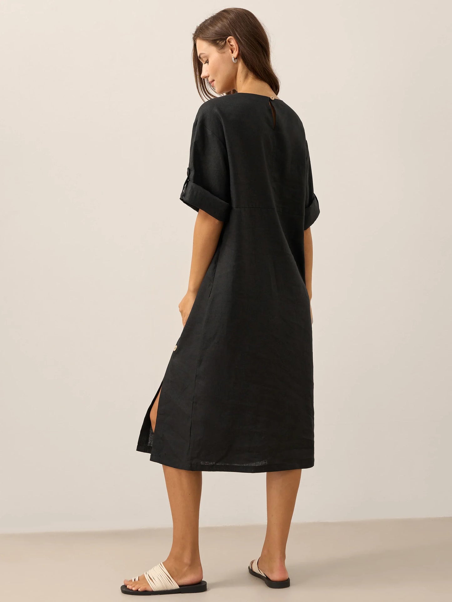 Delaney | Women’s Linen Round Neck Button Detail Midi Dress