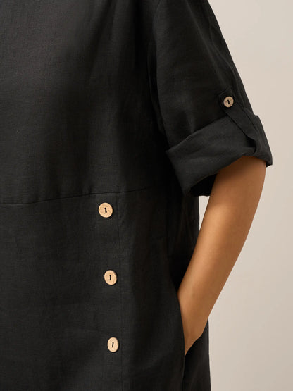 Delaney | Women’s Linen Round Neck Button Detail Midi Dress
