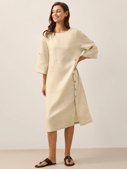 Delaney | Women’s Linen Round Neck Button Detail Midi Dress