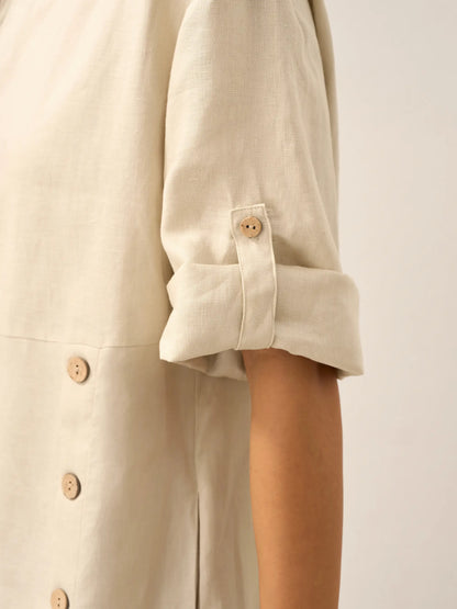 Delaney | Women’s Linen Round Neck Button Detail Midi Dress