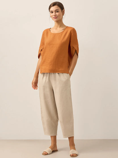 Marley | Women’s Linen Round Neck Petal Sleeve Blouse