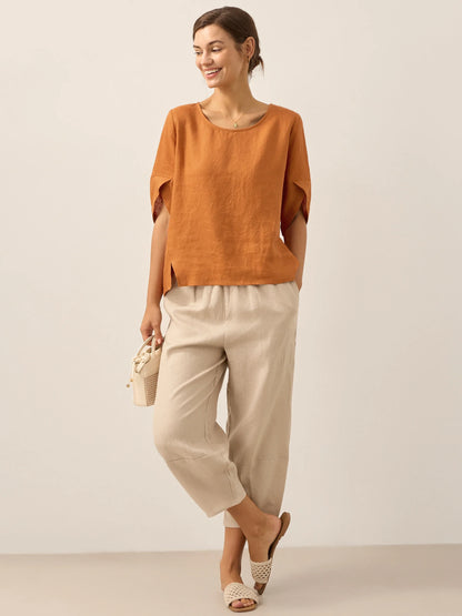 Marley | Women’s Linen Round Neck Petal Sleeve Blouse