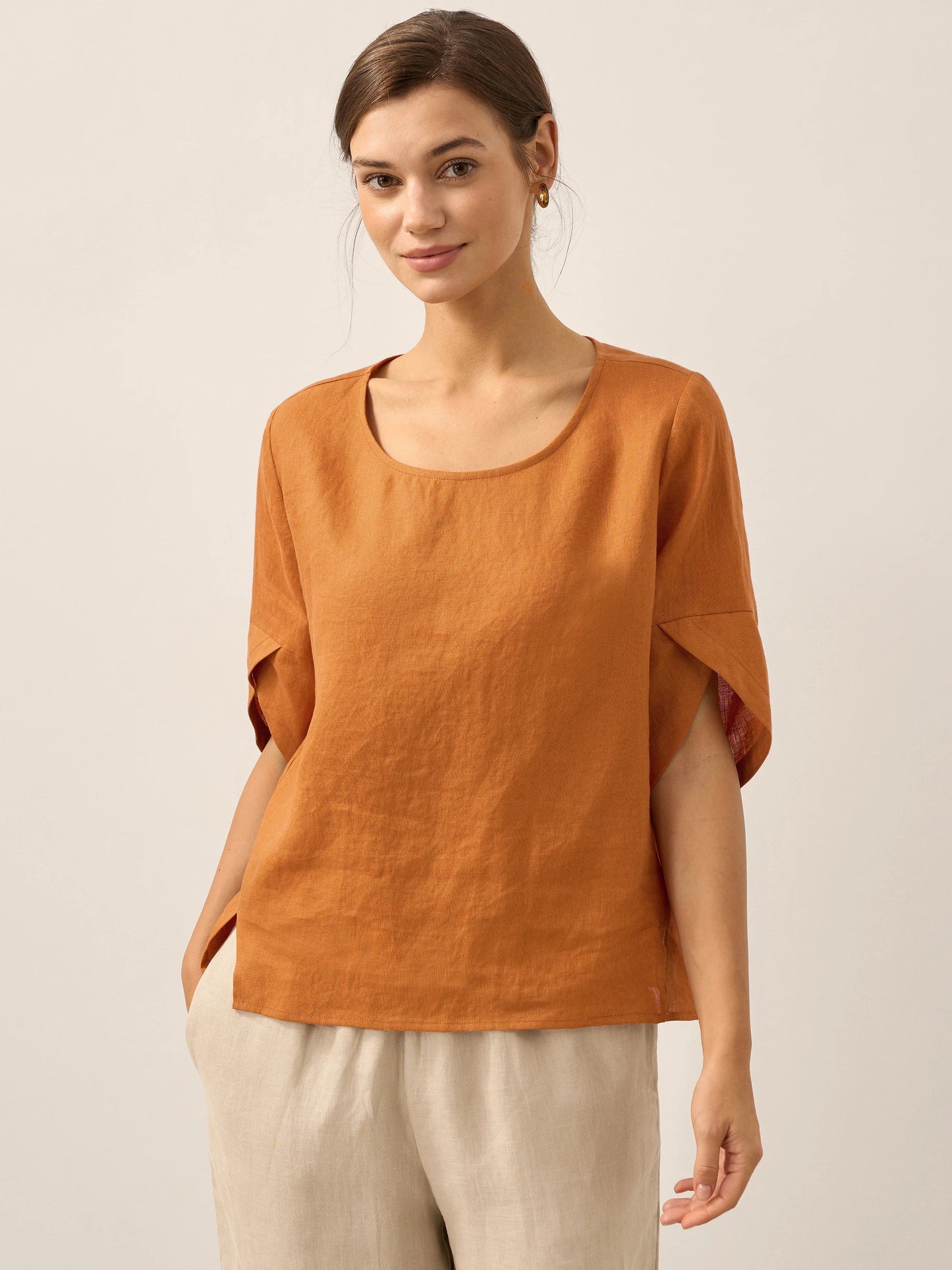 Marley | Women’s Linen Round Neck Petal Sleeve Blouse