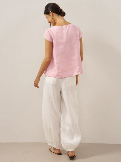 Klair | Women’s Linen Shell Button Pleated Crew Neck Blouse