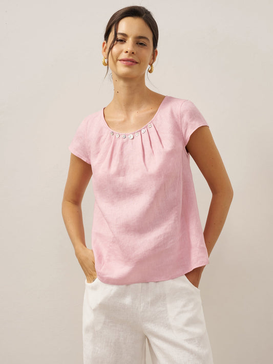 Klair | Women’s Linen Shell Button Pleated Crew Neck Blouse
